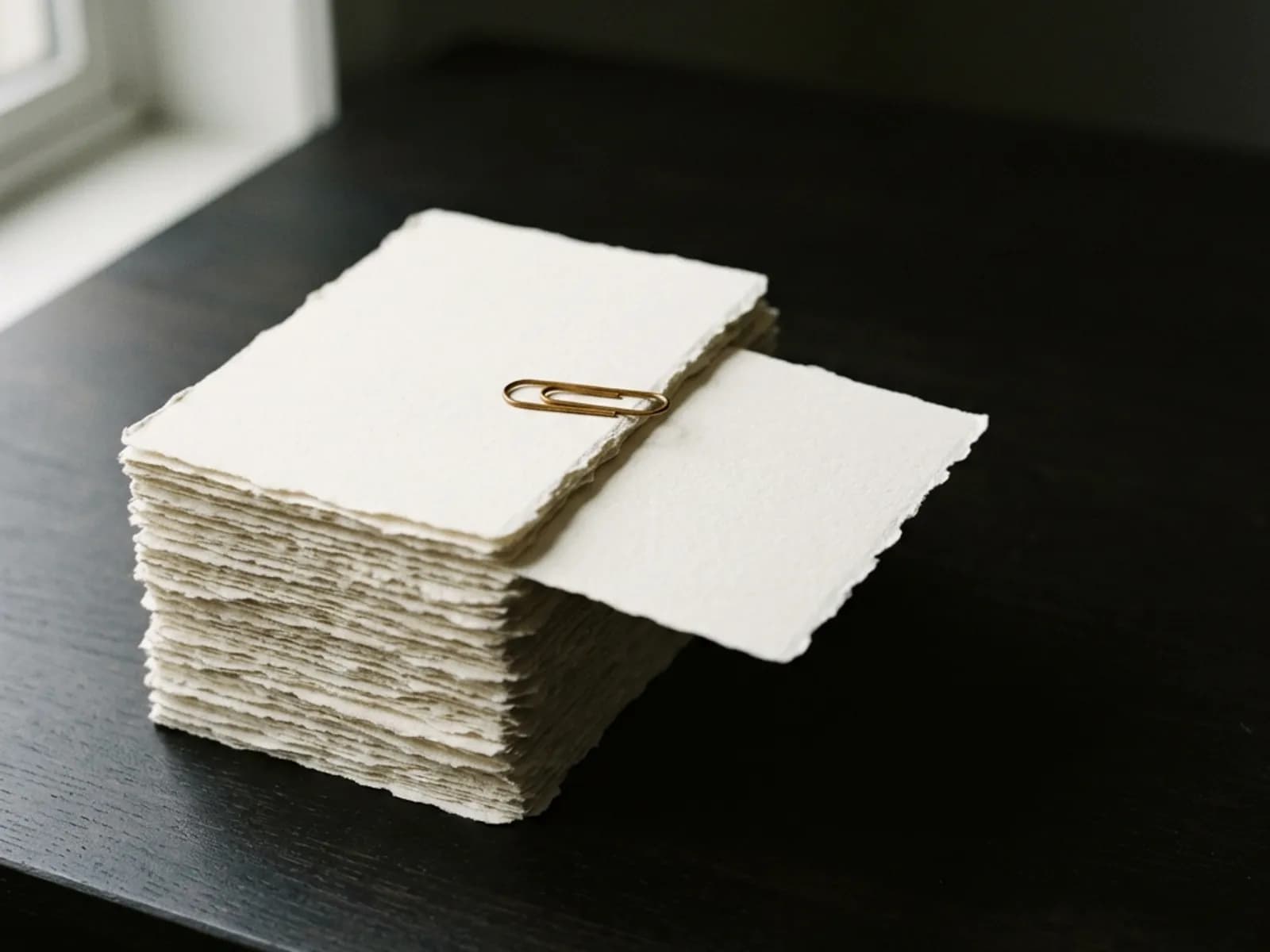 Une pile de papier crème sur un bureau sombre, une feuille détachée du reste, retenue par une attache en laiton.