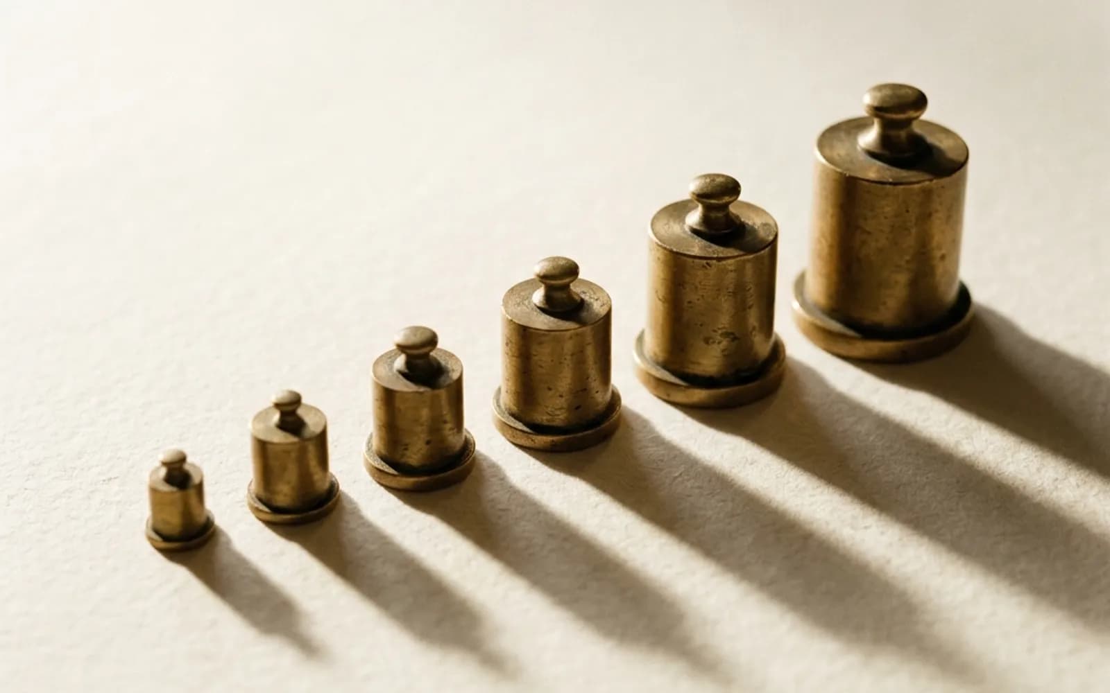 Five brass calibration weights in ascending size, casting long shadows across cream paper.