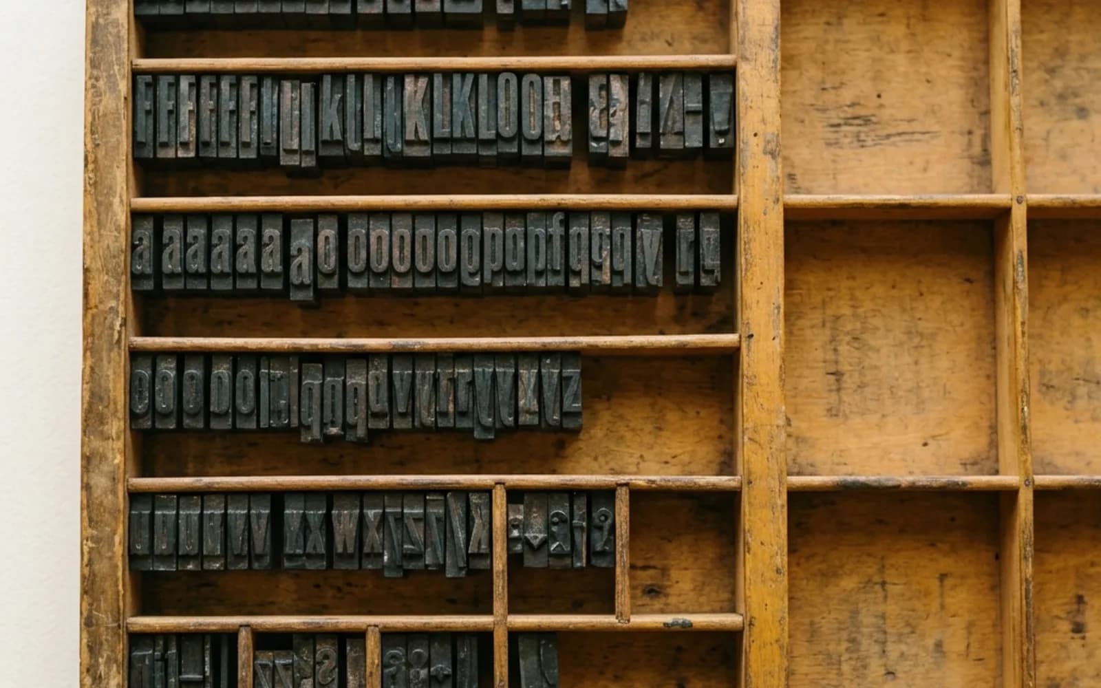 A wooden letterpress tray of dark metal type sorts seen from above, several compartments left empty.