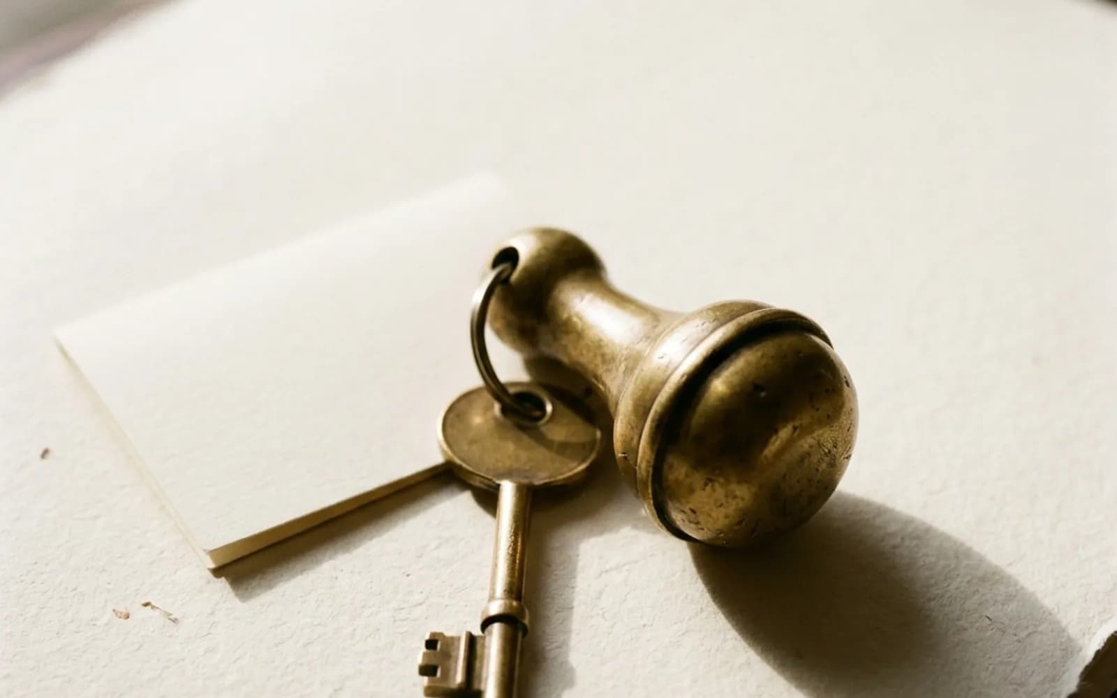 A worn brass hotel room key on a heavy fob, lying on cream paper next to a folded card.